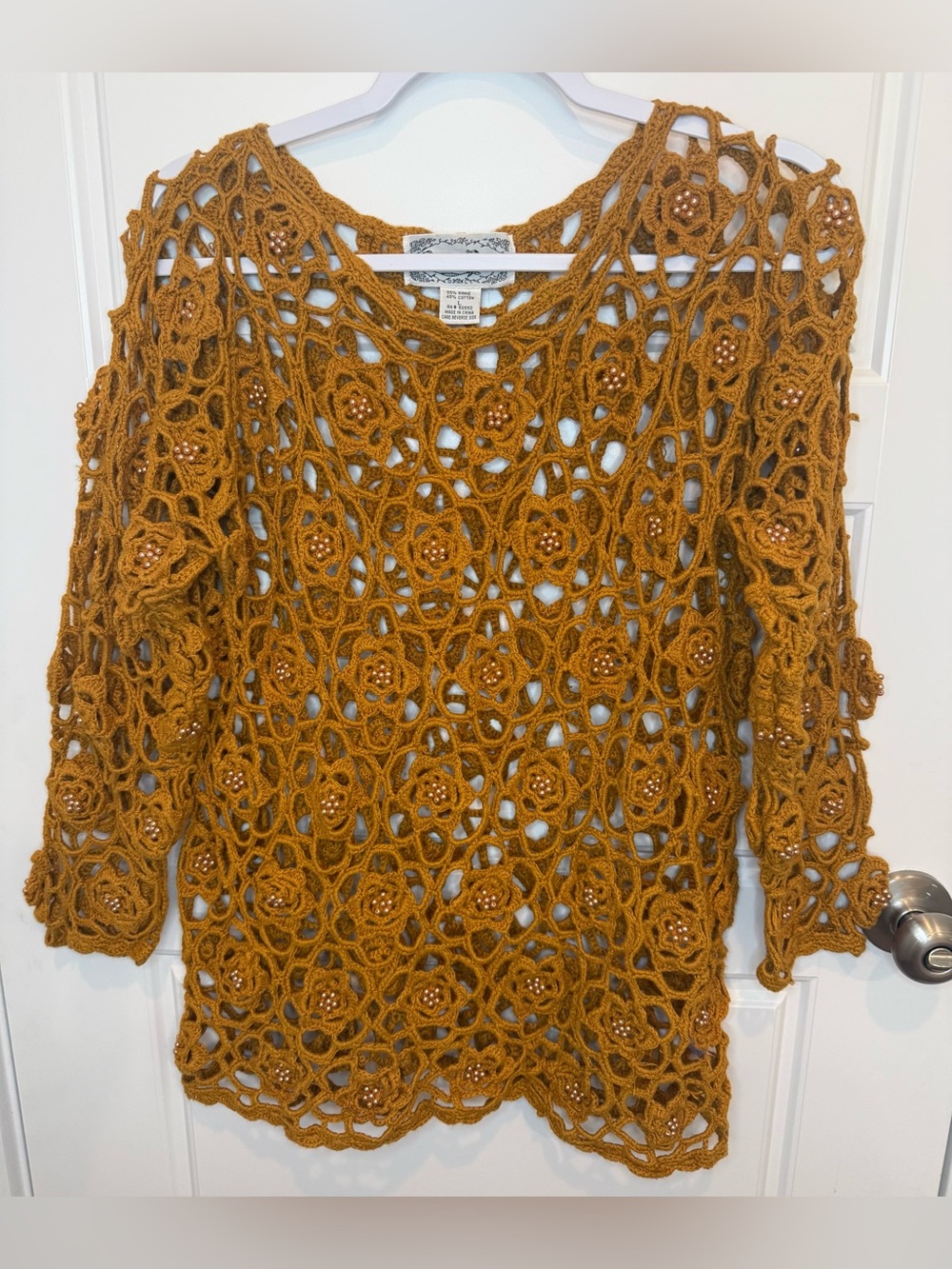 Reference Point Vintage 90’s Women’s Large Mustard Crochet Beaded Shirt Overlay
